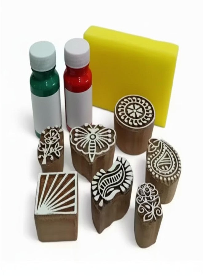 KHUSHA CREATIONS Wooden Block Printing Kit for Fabric Paper and Craft Handmade Wooden Stamps Set with Fabric Paints and Sponge DIY Textile Printing and Art Craft Tool (Any 5 Designs) - Image 1